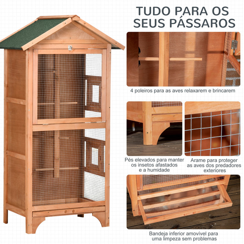 Gaiola para Pássaros Gaiola para Pássaros de Madeira com 3 Portas 4 Poleiros Bandeja Amovível e Teto Asfáltico 80,5x57x153 cm Natural