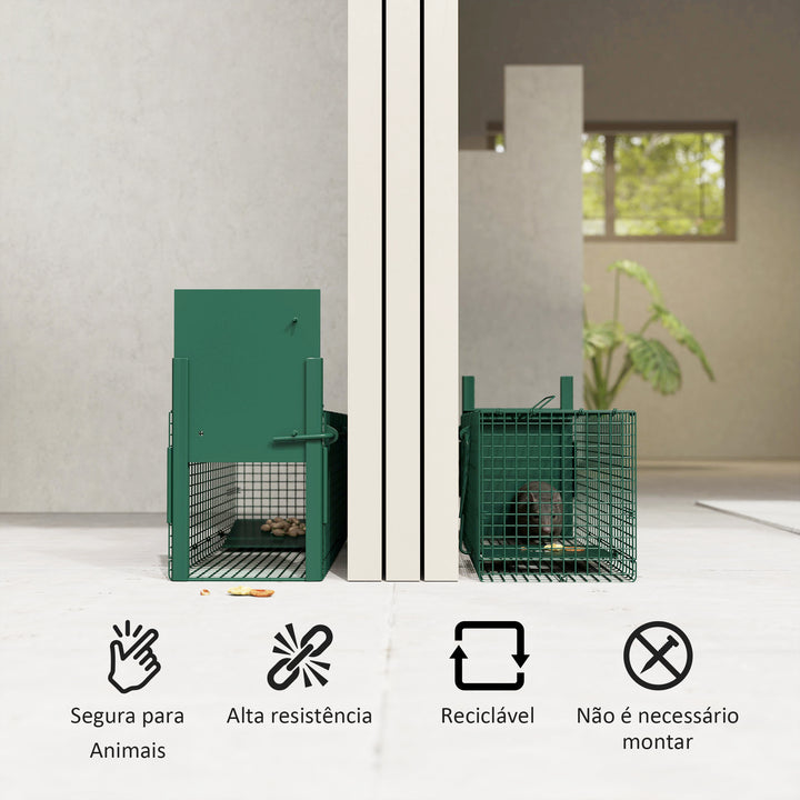 Armadilha para Animais Vivos com Porta Gaiola de Captura com Alça de Transporte para Coelhos Raposas Pequenas 60x18x20cm Verde Escuro
