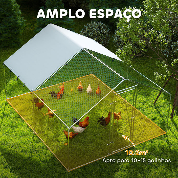 Galinheiro para Exterior 3x3,4x1,9 m Galinheiro de Aço Galvanizado com Cobertura Anti-UV e Impermeável Gaiola para 10-15 Galinhas Prata