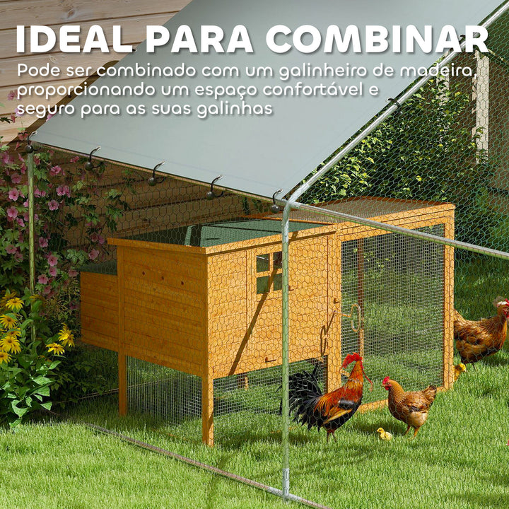 Galinheiro para Exterior 3x3,4x1,9 m Galinheiro de Aço Galvanizado com Cobertura Anti-UV e Impermeável Gaiola para 10-15 Galinhas Prata