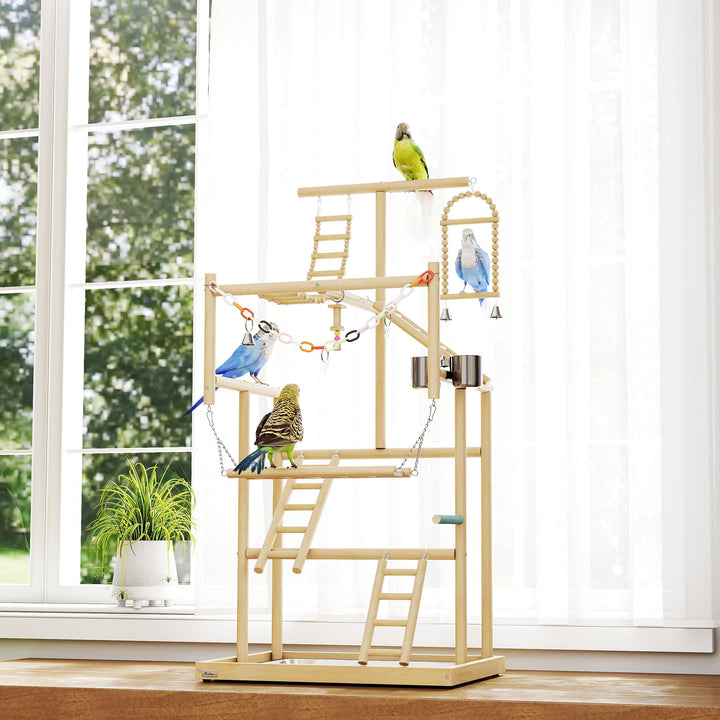 Parque de Jogos para Pássaros Suporte de Madeira para Pássaros com Escadas Baloiço Brinquedo de Corrente Bandeja Comedouros para Periquitos Cacatuas Caturras Agapornis 48x38x95 cm Madeira