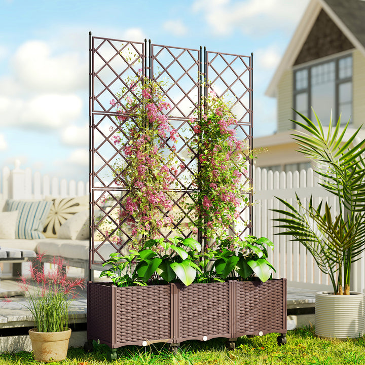 Floreira com Treliça Floreira Exterior Grande com Rodas para Plantas Trepadeiras com Orifícios de Drenagem e Tampões Floreira Elevada para Jardim Pátio Terraço 120x40x192 cm Castanho