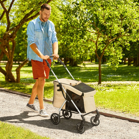 Carrinho para Cães Dobrável Carrinho de Passeio para Cães Pequenos com Rodas Universais Correia de Segurança Almofada Lavável e Janelas 80x48,5x106 cm Cáqui