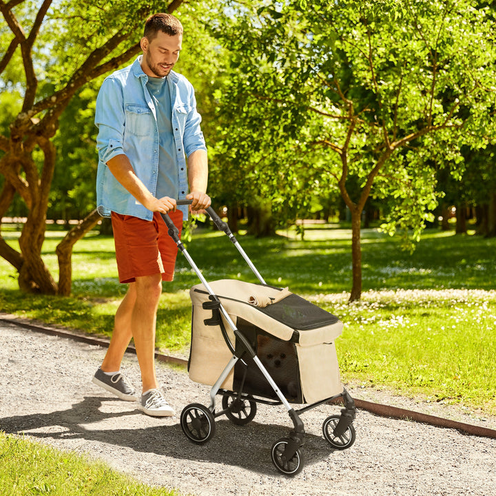 Carrinho para Cães Dobrável Carrinho de Passeio para Cães Pequenos com Rodas Universais Correia de Segurança Almofada Lavável e Janelas 80x48,5x106 cm Cáqui