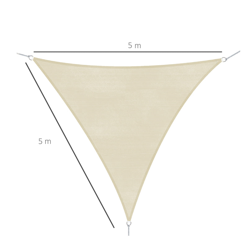 Vela de Sombra Triangular 5x5x5 m Toldo Vela de HDPE com Proteção UV Aneis em Forma de D e Cordas para Jardim Pátio Piscina Creme