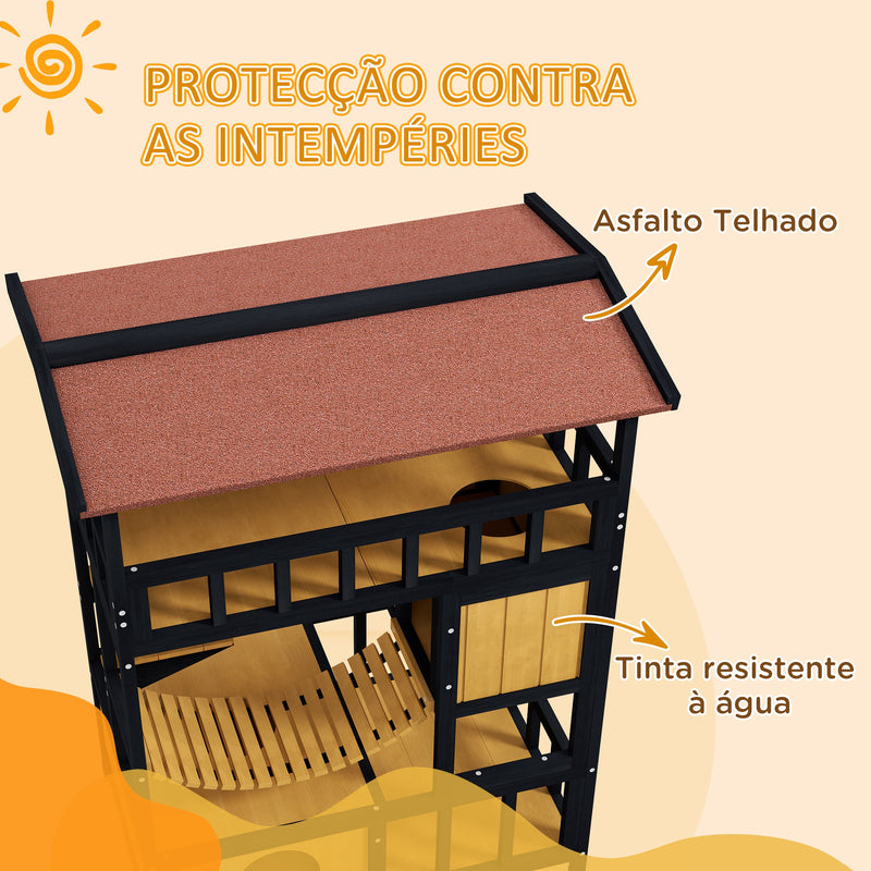 Casa para Gatos de Madeira 84x60x116 cm Abrigo para Gatos de 4 Níveis para Exterior com Ponte Suspensa Varanda e Telhado Asfáltico Natural