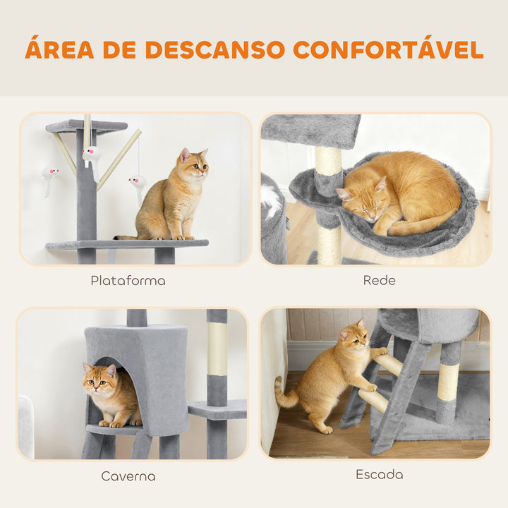 Arranhador para Gatos de 134 cm Torre para Gatos com Caverna Plataformas Rato de Brinquedo Rede e Postes de Sisal 60x35x134 cm Cinzento