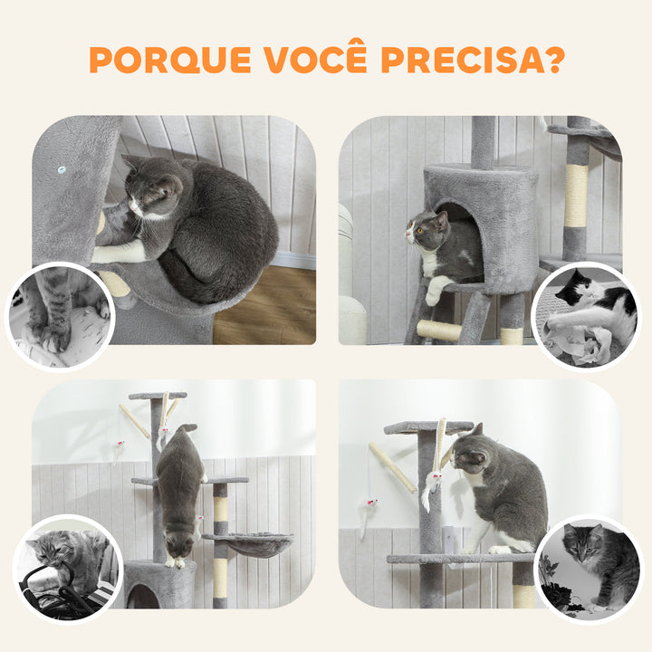 Arranhador para Gatos de 134 cm Torre para Gatos com Caverna Plataformas Rato de Brinquedo Rede e Postes de Sisal 60x35x134 cm Cinzento