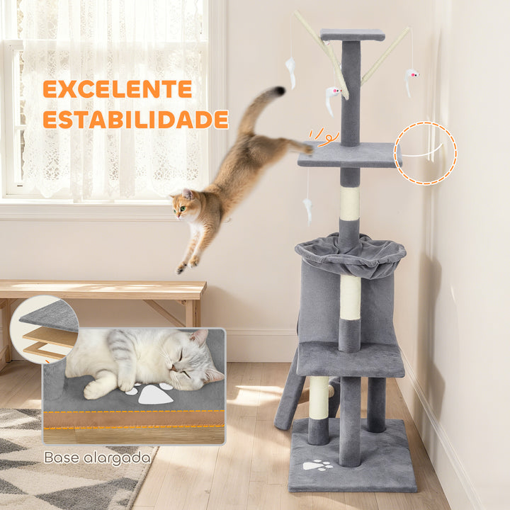 Arranhador para Gatos de 134 cm Torre para Gatos com Caverna Plataformas Rato de Brinquedo Rede e Postes de Sisal 60x35x134 cm Cinzento