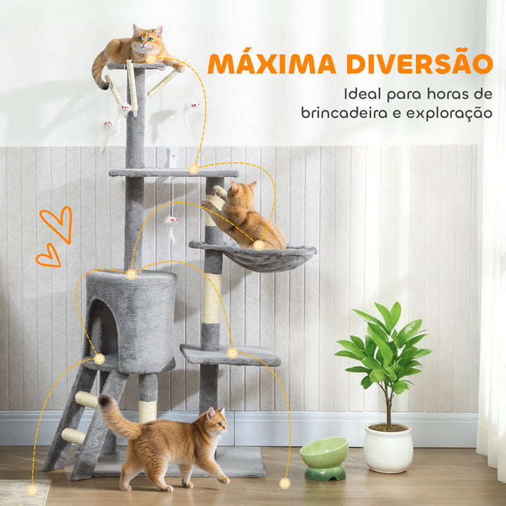 Arranhador para Gatos de 134 cm Torre para Gatos com Caverna Plataformas Rato de Brinquedo Rede e Postes de Sisal 60x35x134 cm Cinzento