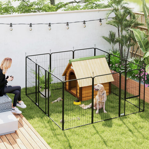 Parque para Cães de 12 Painéis 68x100 cm Parque Dobrável para Cães Médios com Portas Fecho e Estacas para Interior e Exterior Preto