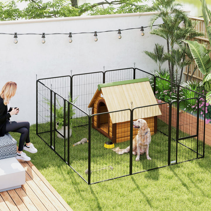 Parque para Cães de 12 Painéis 68x100 cm Parque Dobrável para Cães Médios com Portas Fecho e Estacas para Interior e Exterior Preto