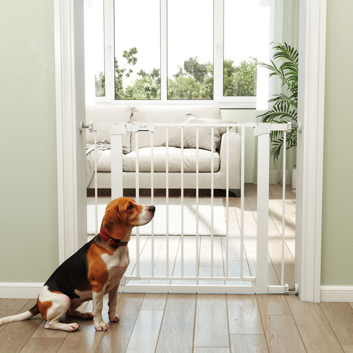 Barreira de Segurança para Cães Animais de Estimação 75-96cm para Escadas Portas e Corredores com Fechamento Automático Altura 76cm Branco