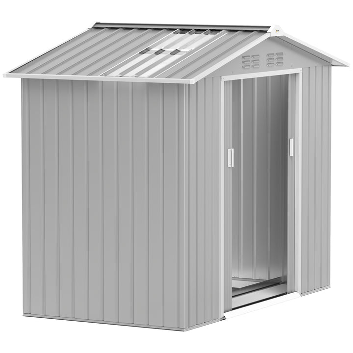 Abrigo de Jardim 2,42 m 213x130x185 cm Abrigo de Jardim Metálico de Exterior para Armazenamento de Ferramentas com 2 Portas Deslizantes e 4 Janelas para Terraço Cinza Claro