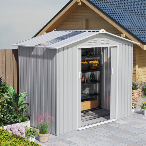 Abrigo de Jardim 2,42 m 213x130x185 cm Abrigo de Jardim Metálico de Exterior para Armazenamento de Ferramentas com 2 Portas Deslizantes e 4 Janelas para Terraço Cinza Claro