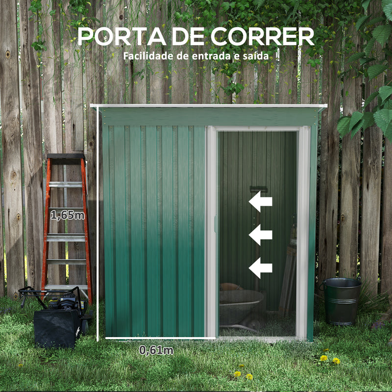 Abrigo de Jardim Exterior 1,5 m² 163x89x182 cm Abrigo Metálico para Ferramentas com Porta de Correr e Teto Inclinado para Pátio Verde