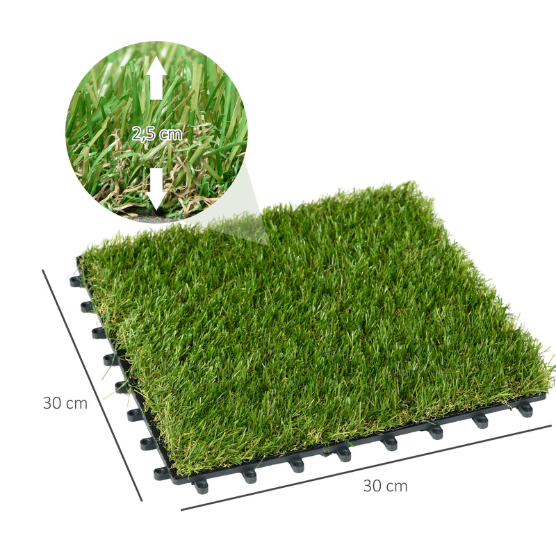 Relva Artificial 30x30cm 10 Peças com Altura de 25mm Alta Densidade 6500 Relva Artificial de Encaixe para Exterior Pátio Terraço Verde