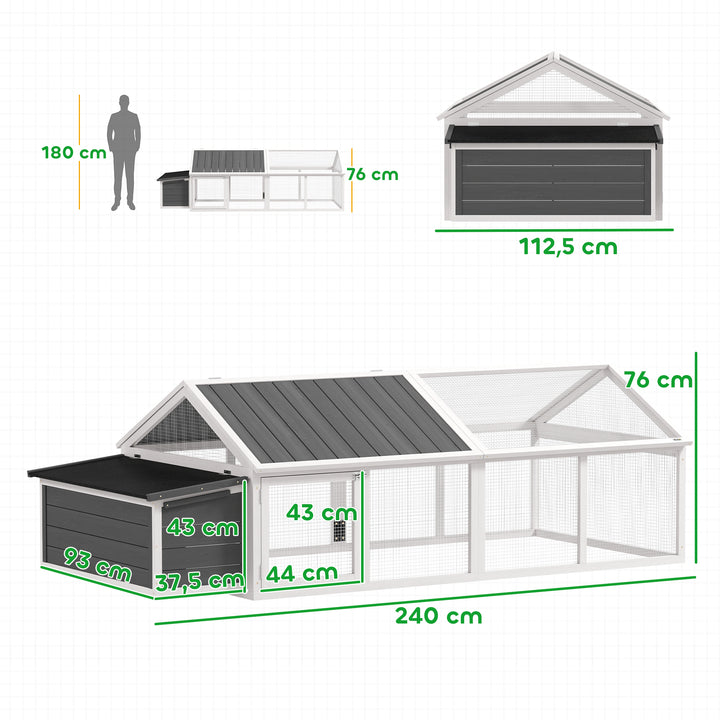 Galinheiro de Madeira Galinheiro de Exterior Espaçoso de 2 Andares para 4-8 Galinhas com Teto Abatível Cercado Portas com Fechadura e Caixa Ninho 240x112,5x76 cm branco e Cinza