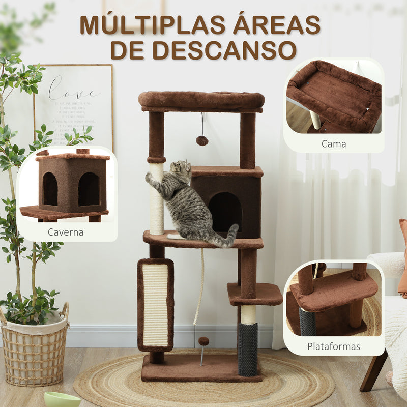 Arranhador para Gatos Grande Altura 132 cm Arranhador para Gatos com Plataformas Postes com Escova Bolas Suspensas e Almofadas para Arranhar Marrom