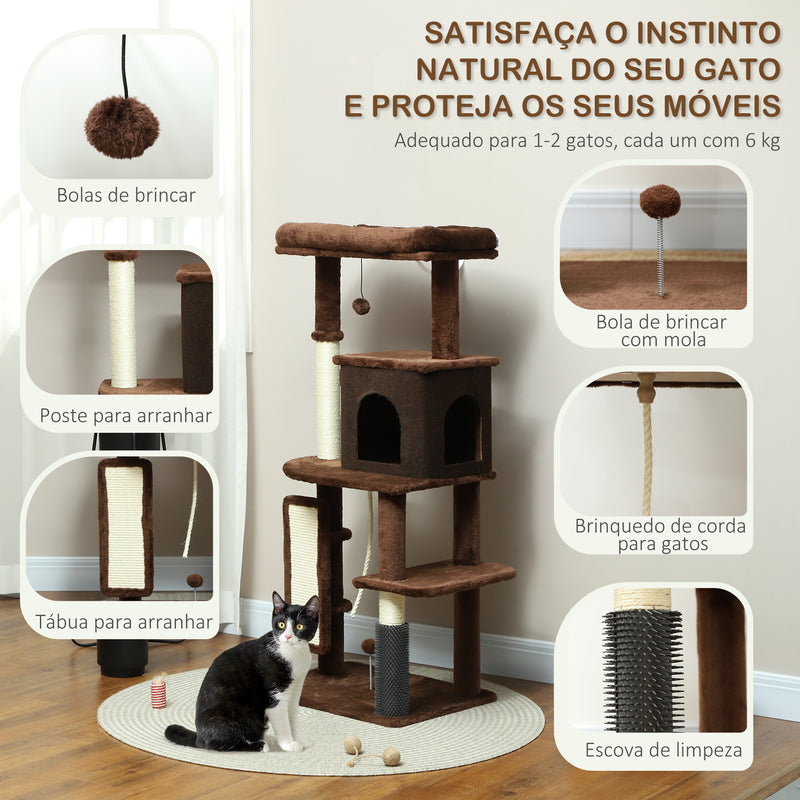 Arranhador para Gatos Grande Altura 132 cm Arranhador para Gatos com Plataformas Postes com Escova Bolas Suspensas e Almofadas para Arranhar Marrom