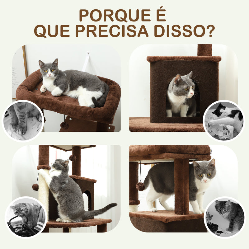 Arranhador para Gatos Grande Altura 132 cm Arranhador para Gatos com Plataformas Postes com Escova Bolas Suspensas e Almofadas para Arranhar Marrom