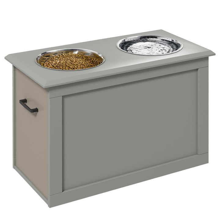 Comedouro Elevado para Cães Comedouro para Cães com 2 Tigelas de Aço Inoxidável e Espaço de Armazenamento Oculto 60x30x41 cm Cinzento
