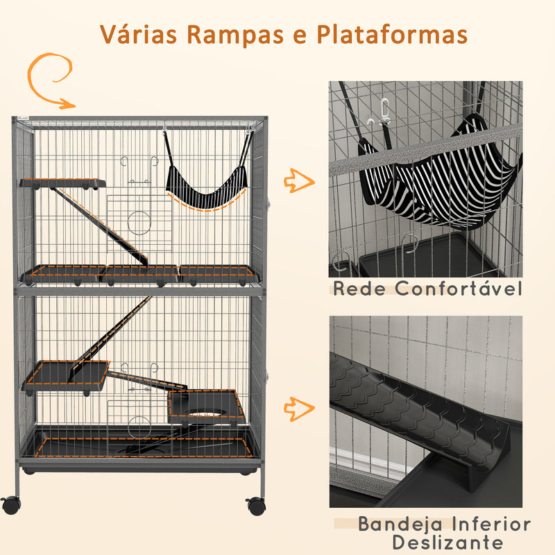 Gaiola para Roedores 80x52x128 cm Casa de 4 Alturas com Rampas Suspensa Rede Bandeja Removível Rodas Portas Cinza Prateado