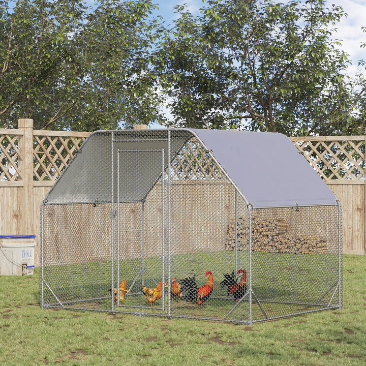 Galinheiro de Exterior, 2,8x1,9x1,95 m, Estrutura de Aço Galvanizado, Cobertura de Tecido Oxford Anti-UV e Impermeável, Capacidade para 4-6 Galinhas e Coelhos, Prata