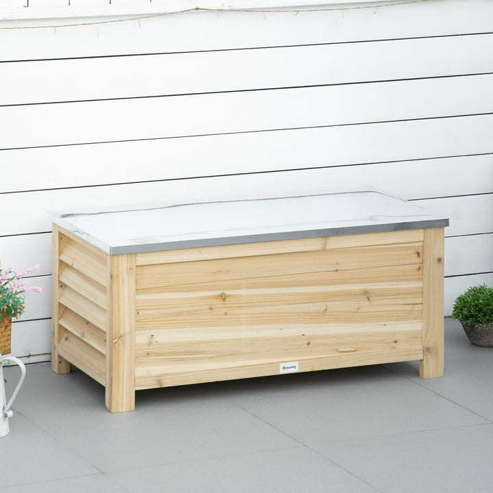 Baú de Jardim Carga 155L Baú de Armazenamento Exterior de Madeira com Tampa de Metal Galvanizado e Desenho em Ripas para Jardim Varanda 110x50x50 cm Madeira