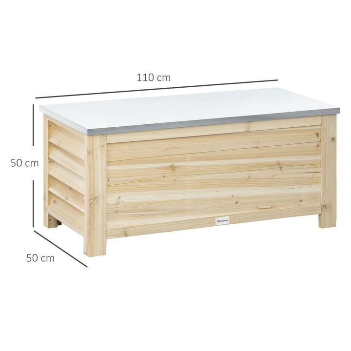 Baú de Jardim Carga 155L Baú de Armazenamento Exterior de Madeira com Tampa de Metal Galvanizado e Desenho em Ripas para Jardim Varanda 110x50x50 cm Madeira