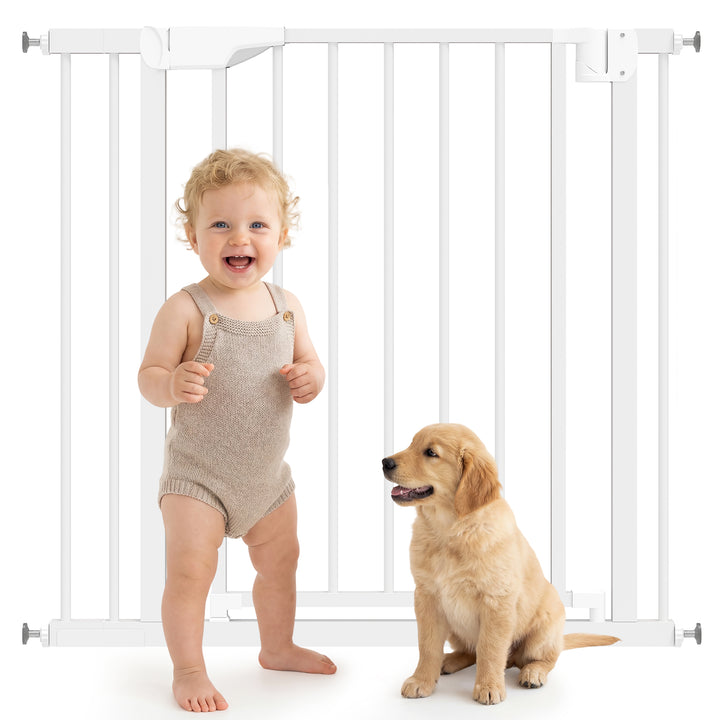 Barreira de Segurança para Crianças e Cães Largura 76-89 cm Porta para Cães Bloqueio Duplo Fecho Automático Abertura em Dois Sentidos para Portas Escadas Montagem por Pressão e Extensão de 7 cm Branco