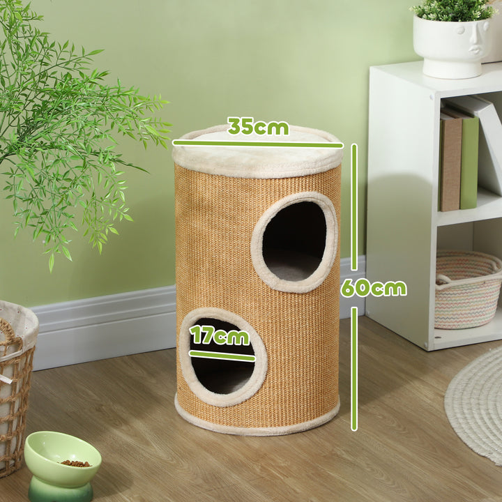 Barril Arranhador para Gatos 60 cm de Altura Tonel de Escalada com 2 Cavernas e Cobertura de Sisal Arranhador para Gatos Ø35x60 cm Marrom e Bege