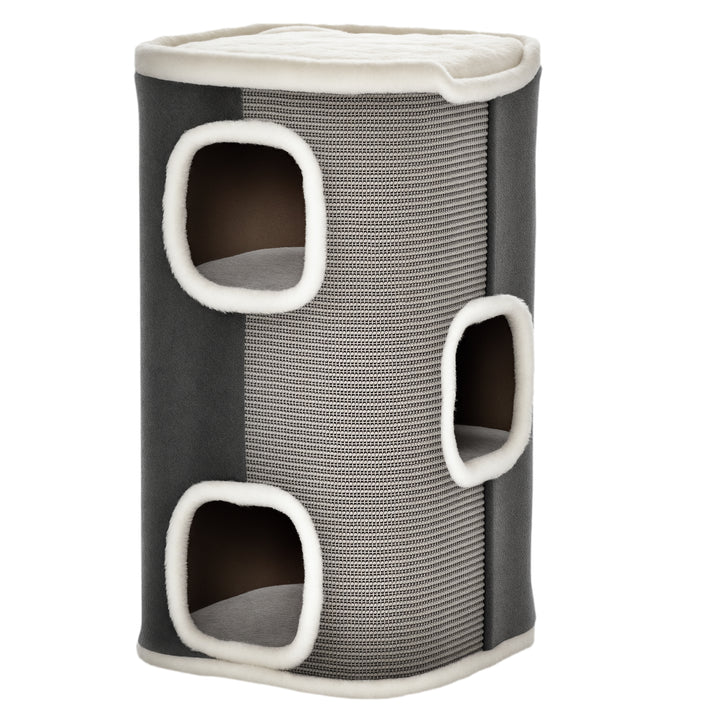 Barril Arranhador para Gatos 74cm de Altura Torre de Escalar com 3 Cavernas de Sisal e Pelúcia Plataforma de Velo 40x40x74cm Cinza