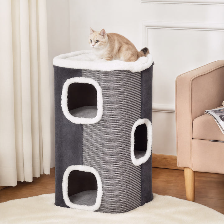 Barril Arranhador para Gatos 74cm de Altura Torre de Escalar com 3 Cavernas de Sisal e Pelúcia Plataforma de Velo 40x40x74cm Cinza