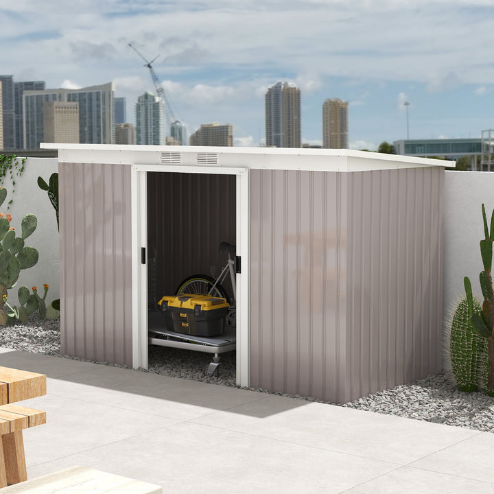 Abrigo de Jardim 280x130x172 cm Abrigo de Exterior de Aço Galvanizado com Porta Corredeira e Ventilações para Armazenamento de Ferramentas Cinza