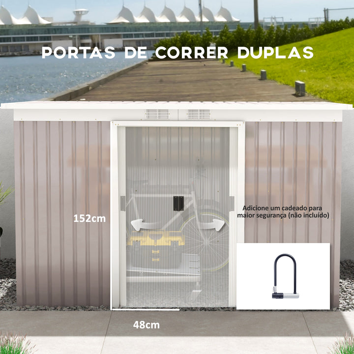 Abrigo de Jardim 280x130x172 cm Abrigo de Exterior de Aço Galvanizado com Porta Corredeira e Ventilações para Armazenamento de Ferramentas Cinza