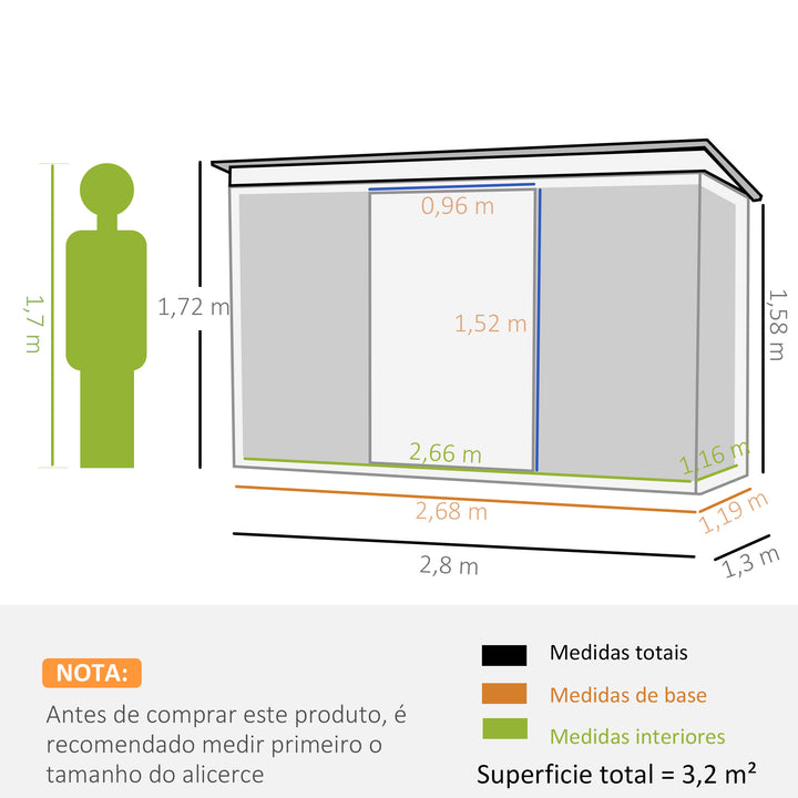 Abrigo de Jardim 280x130x172 cm Abrigo de Exterior de Aço Galvanizado com Porta Corredeira e Ventilações para Armazenamento de Ferramentas Cinza