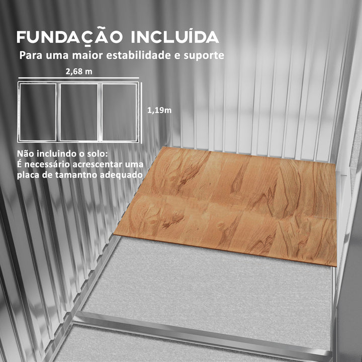 Abrigo de Jardim 280x130x172 cm Abrigo de Exterior de Aço Galvanizado com Porta Corredeira e Ventilações para Armazenamento de Ferramentas Cinza