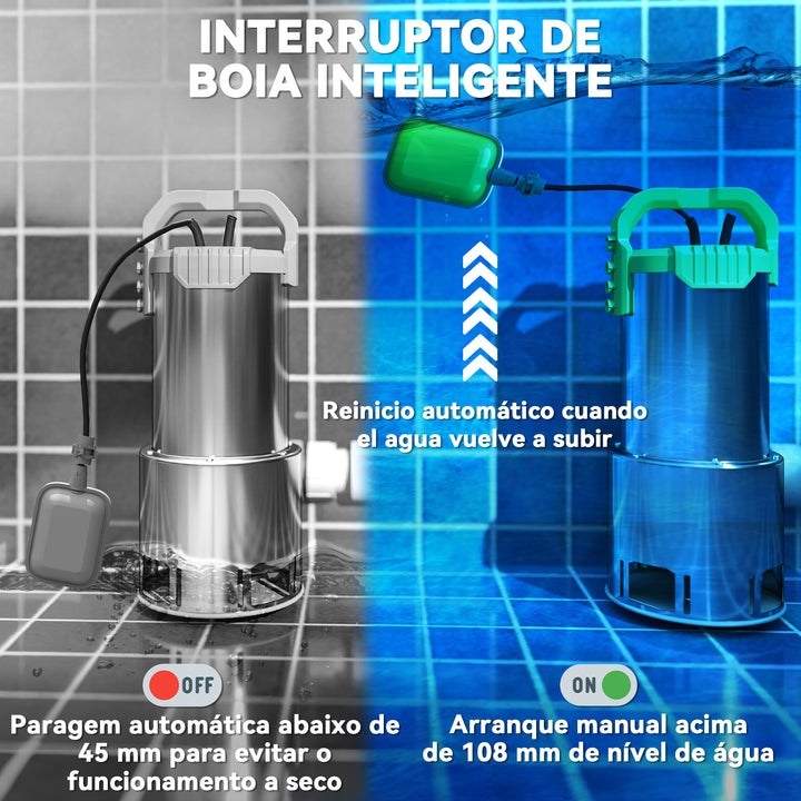 Bomba de Águas 1100W Bomba Submersível de Águas Residuais com Capacidade de 18000 l/h Interruptor de Flutuador e Conector Universal para Drenagem de Piscinas Tanques Banheiras 16x15x40 cm Prata