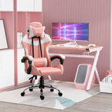 Cadeira Gaming Ergonômica Cadeira para Videojogos Reclinável com Altura Ajustável Apoio para a Cabeça e Almofada Lombar 63x67x122-130cm Rosa e Branco