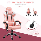 Cadeira Gaming Ergonômica Cadeira para Videojogos Reclinável com Altura Ajustável Apoio para a Cabeça e Almofada Lombar 63x67x122-130cm Rosa e Branco