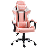 Cadeira Gaming Ergonômica Cadeira para Videojogos Reclinável com Altura Ajustável Apoio para a Cabeça e Almofada Lombar 63x67x122-130cm Rosa e Branco