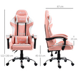 Cadeira Gaming Ergonômica Cadeira para Videojogos Reclinável com Altura Ajustável Apoio para a Cabeça e Almofada Lombar 63x67x122-130cm Rosa e Branco