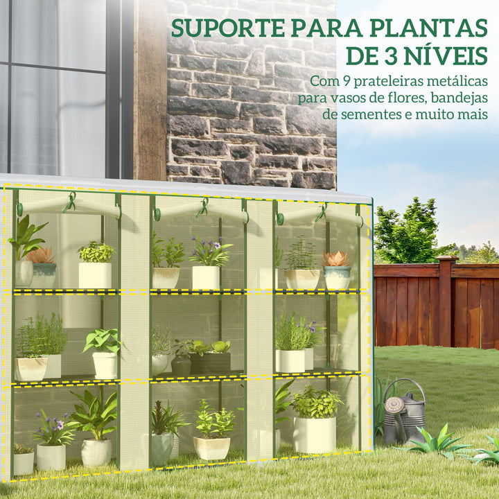 Estufa Pequena Estufa de Exterior com Prateleiras de 3 Níveis Portas com Fecho de Correr e Estrutura de Aço Estufa para Cultivar Plantas Flores 215x46x151 cm Branco