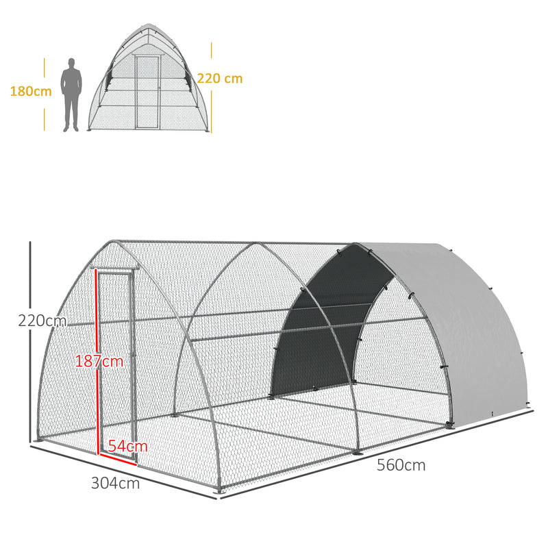 Galinheiro para Exterior 304x560x220 cm Galinheiro para Galinhas de Aço Galvanizado Cobertura em Tecido Oxford Resistente aos Raios UV e Impermeável para Pátio Prata