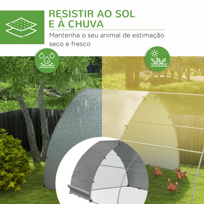 Galinheiro para Exterior 304x560x220 cm Galinheiro para Galinhas de Aço Galvanizado Cobertura em Tecido Oxford Resistente aos Raios UV e Impermeável para Pátio Prata