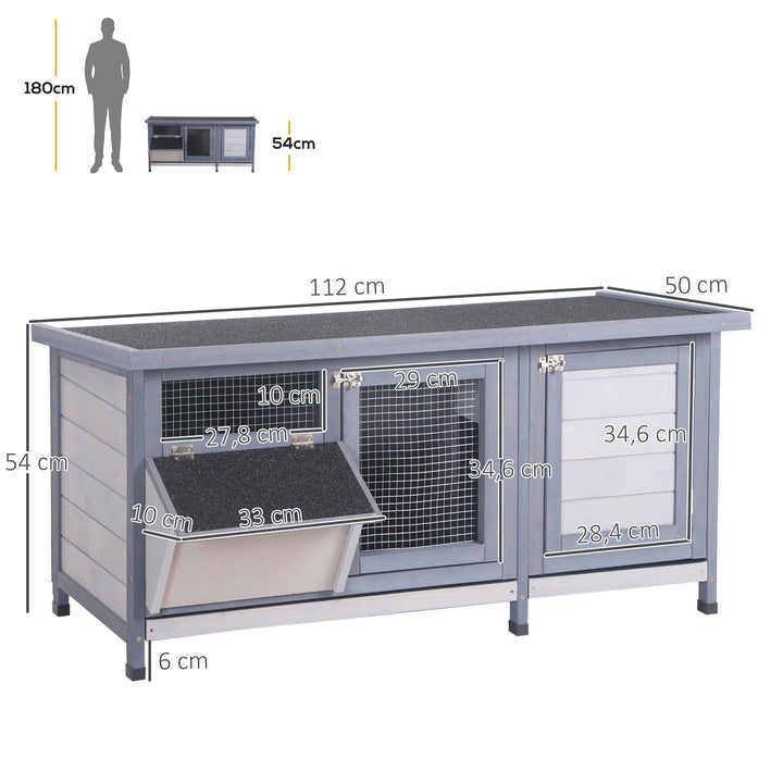 Coelheira de Madeira Gaiola para Coelhos com Telhado Asfáltico Rebatível Portas com Fecho Bandejas Removíveis e Comedouro Coelheira para Exterior 112x50x54 cm Cinzento
