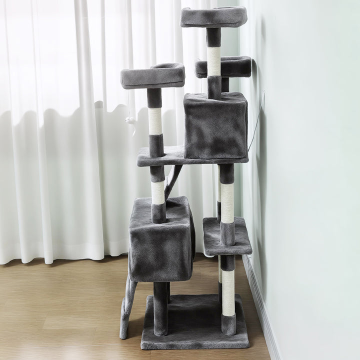 Arranhador para Gatos Arranhador de Gatos 153 cm com 2 Cavernas 3 Camas 2 Rampas Postes de Sisal e 2 Ratos Pendentes Cinzento