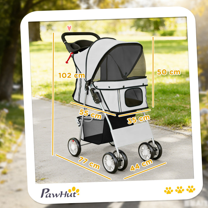 Carrinho Dobrável para Cães, Coche para Cães Pequenos com Cesta de Armazenamento, Janelas de Rede, Porta-copos, Rodas de EVA, Almofada Lavável, Travões, Suporte até 10 kg, 77x44x102 cm, Cinzento