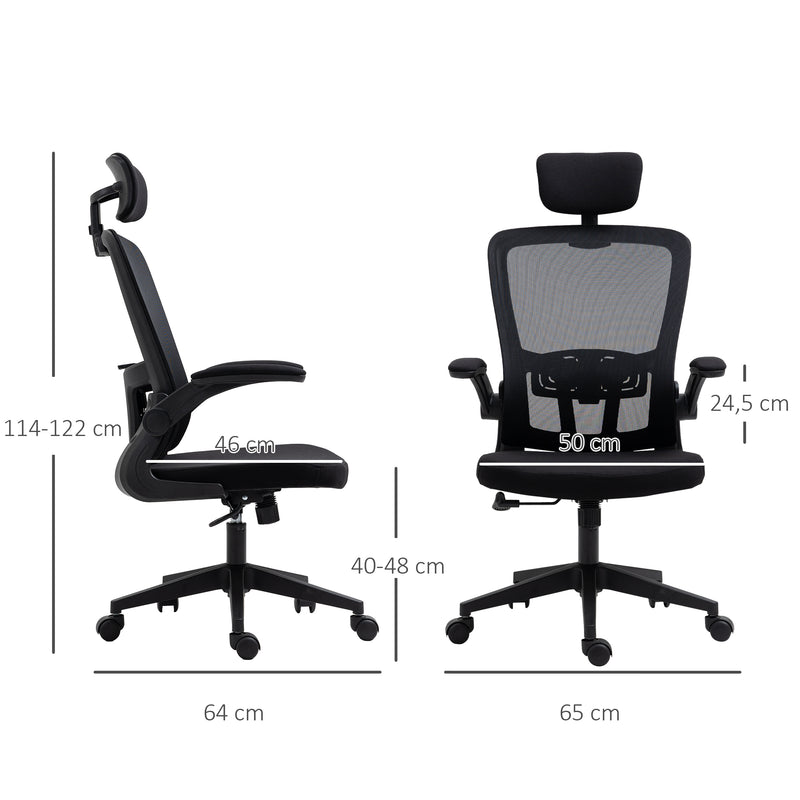 Cadeira de Escritório de Malha Ergonómica Cadeira de Escritório com Altura Ajustável Apoio para os Braços Dobrável Apoio para a Cabeça e Suporte Lombar Ajustáveis 65x64x114-122cm Preto